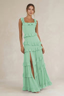 Tiered Square Neck Ruffled A - Line Bridesmaid Dress in Pale Pistachio - KissProm Bridesmaid Dresses