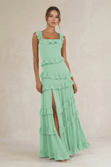 Tiered Square Neck Ruffled A - Line Bridesmaid Dress in Pale Pistachio - KissProm Bridesmaid Dresses