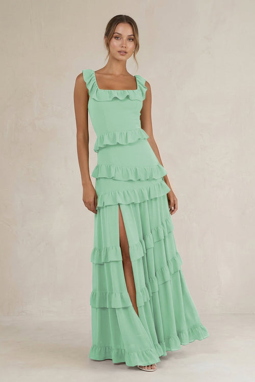 Tiered Square Neck Ruffled A - Line Bridesmaid Dress in Pale Pistachio - KissProm Bridesmaid Dresses