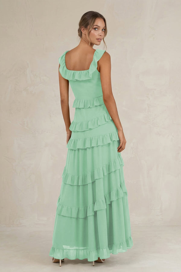 Tiered Square Neck Ruffled A - Line Bridesmaid Dress in Pale Pistachio - KissProm Bridesmaid Dresses