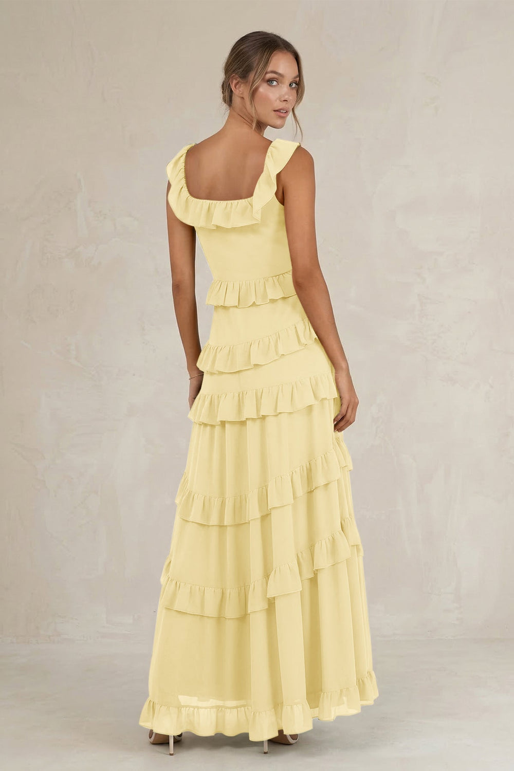 Tiered Square Neck Ruffled A - Line Bridesmaid Dress in Pastel Yellow - KissProm Bridesmaid Dresses