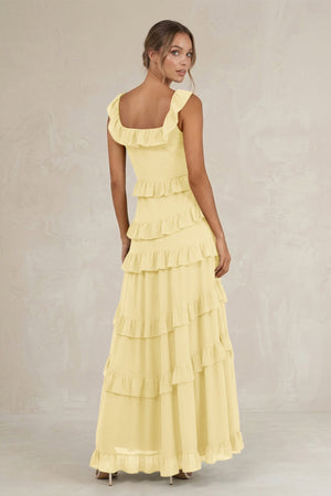 Tiered Square Neck Ruffled A - Line Bridesmaid Dress in Pastel Yellow - KissProm Bridesmaid Dresses