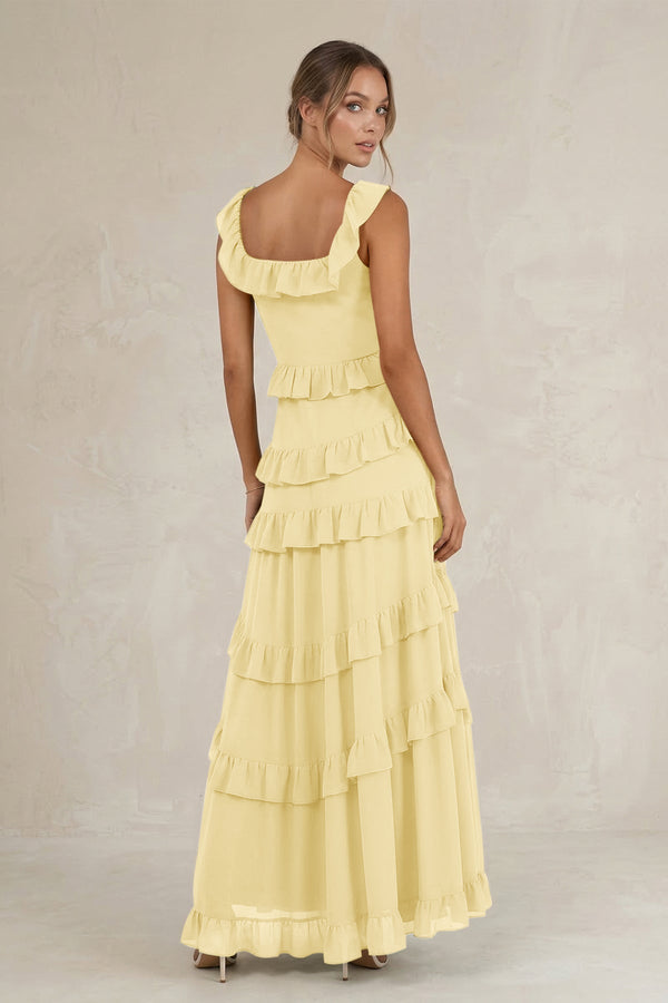 Tiered Square Neck Ruffled A - Line Bridesmaid Dress in Pastel Yellow - KissProm Bridesmaid Dresses