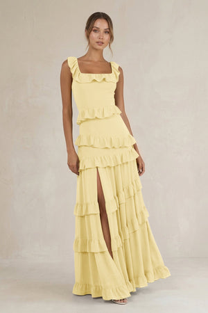 Tiered Square Neck Ruffled A - Line Bridesmaid Dress in Pastel Yellow - KissProm Bridesmaid Dresses
