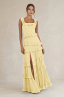 Tiered Square Neck Ruffled A - Line Bridesmaid Dress in Pastel Yellow - KissProm Bridesmaid Dresses