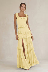 Tiered Square Neck Ruffled A - Line Bridesmaid Dress in Pastel Yellow - KissProm Bridesmaid Dresses
