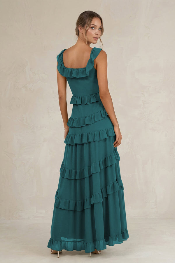 Tiered Square Neck Ruffled A - Line Bridesmaid Dress in Pine - KissProm Bridesmaid Dresses