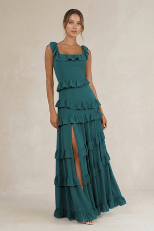 Tiered Square Neck Ruffled A - Line Bridesmaid Dress in Pine - KissProm Bridesmaid Dresses