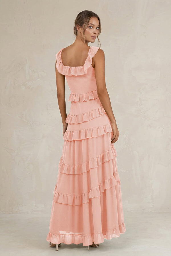 Tiered Square Neck Ruffled A - Line Bridesmaid Dress in Rose Petal - KissProm Bridesmaid Dresses