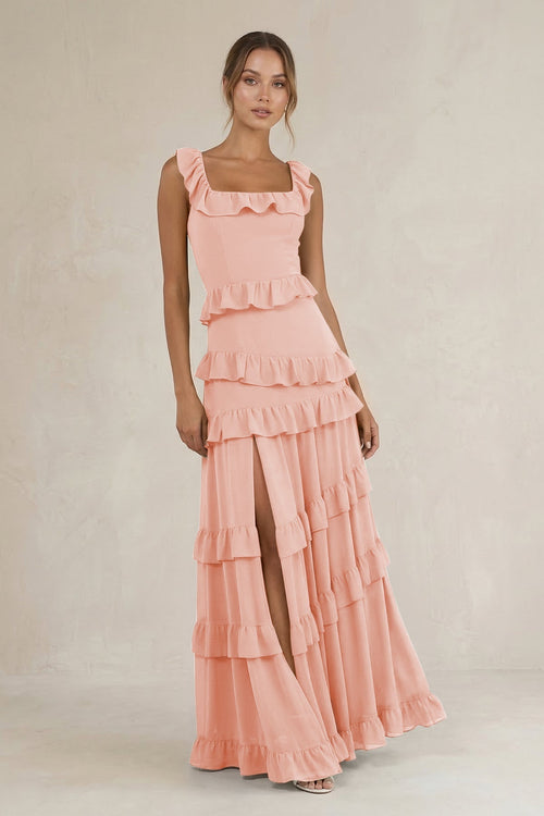 Tiered Square Neck Ruffled A - Line Bridesmaid Dress in Rose Petal - KissProm Bridesmaid Dresses