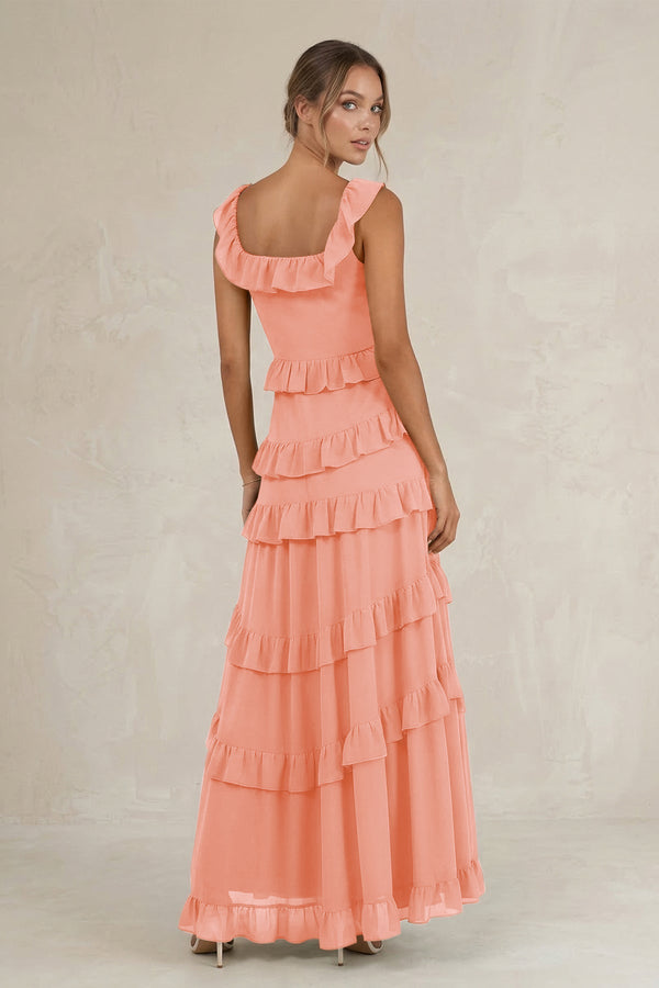 Tiered Square Neck Ruffled A - Line Bridesmaid Dress in Rosette - KissProm Bridesmaid Dresses