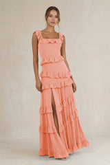 Tiered Square Neck Ruffled A - Line Bridesmaid Dress in Rosette - KissProm Bridesmaid Dresses