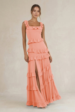 Tiered Square Neck Ruffled A - Line Bridesmaid Dress in Rosette - KissProm Bridesmaid Dresses