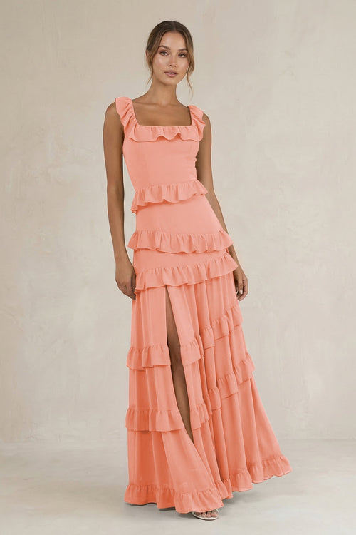 Tiered Square Neck Ruffled A - Line Bridesmaid Dress in Rosette - KissProm Bridesmaid Dresses