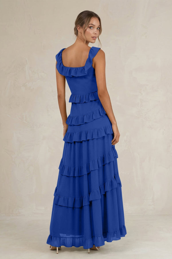 Tiered Square Neck Ruffled A - Line Bridesmaid Dress in Royal Blue - KissProm Bridesmaid Dresses