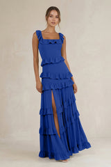 Tiered Square Neck Ruffled A - Line Bridesmaid Dress in Royal Blue - KissProm Bridesmaid Dresses