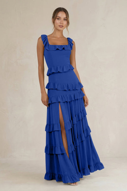 Tiered Square Neck Ruffled A - Line Bridesmaid Dress in Royal Blue - KissProm Bridesmaid Dresses