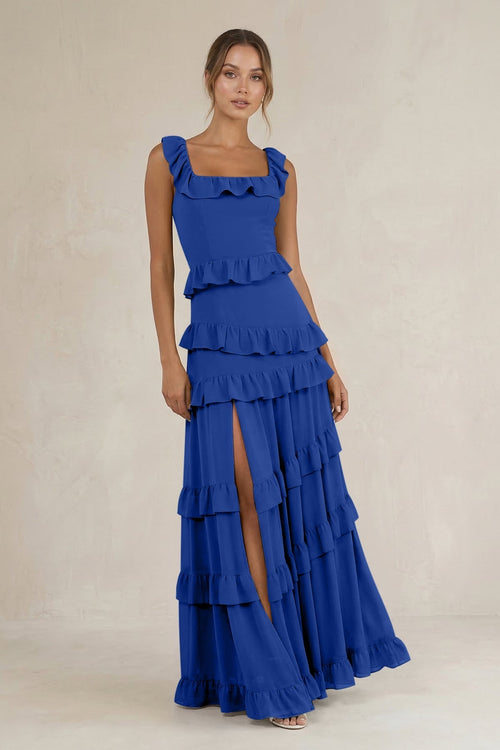 Tiered Square Neck Ruffled A - Line Bridesmaid Dress in Royal Blue - KissProm Bridesmaid Dresses
