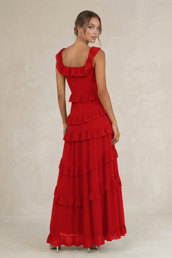 Tiered Square Neck Ruffled A - Line Bridesmaid Dress in Ruby Red - KissProm Bridesmaid Dresses
