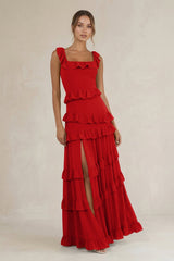 Tiered Square Neck Ruffled A - Line Bridesmaid Dress in Ruby Red - KissProm Bridesmaid Dresses