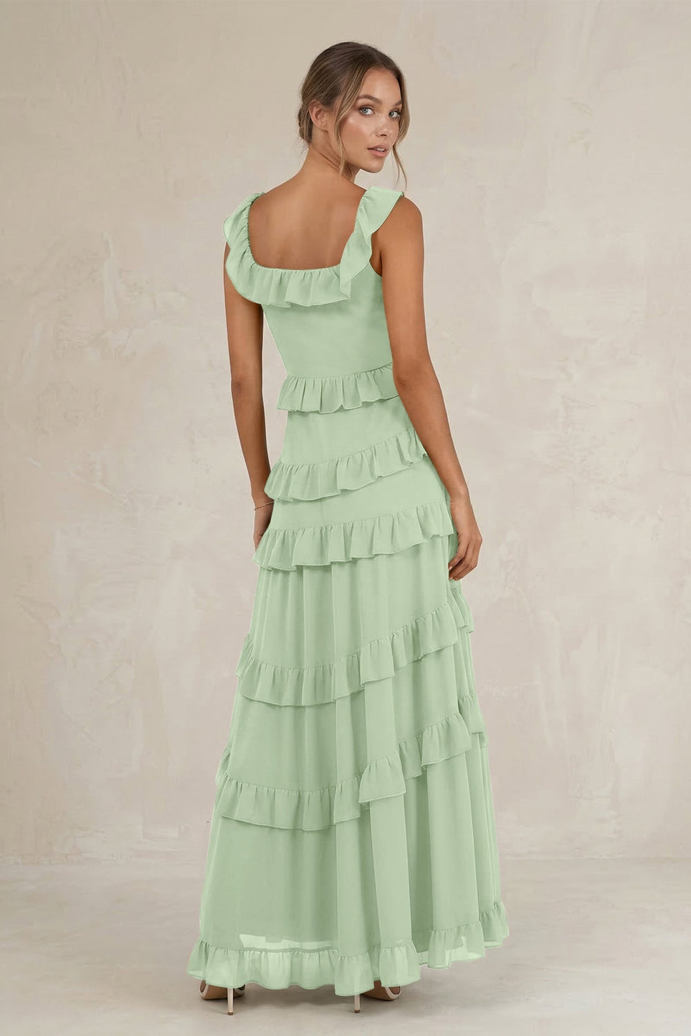 Tiered Square Neck Ruffled A - Line Bridesmaid Dress in Sage - KissProm Bridesmaid Dresses