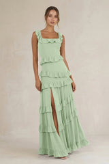 Tiered Square Neck Ruffled A - Line Bridesmaid Dress in Sage - KissProm Bridesmaid Dresses