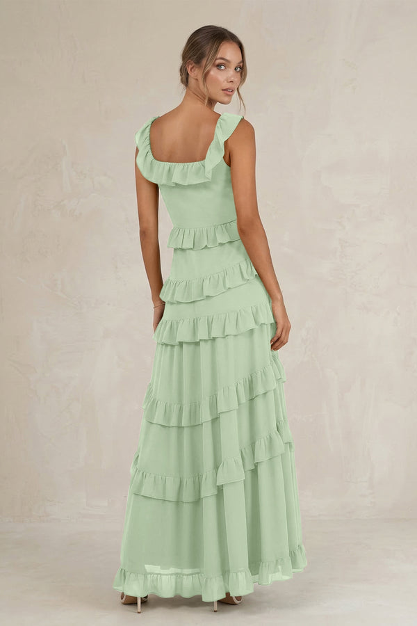 Tiered Square Neck Ruffled A - Line Bridesmaid Dress in Sage - KissProm Bridesmaid Dresses