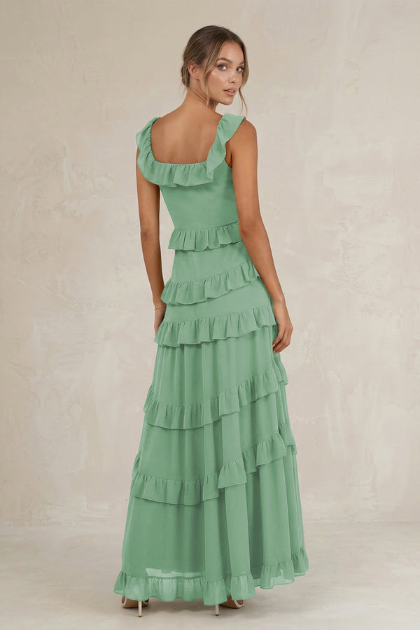 Tiered Square Neck Ruffled A - Line Bridesmaid Dress in Sea Glass - KissProm Bridesmaid Dresses