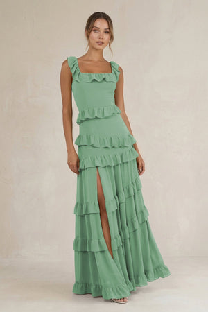 Tiered Square Neck Ruffled A - Line Bridesmaid Dress in Sea Glass - KissProm Bridesmaid Dresses