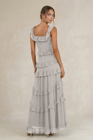 Tiered Square Neck Ruffled A - Line Bridesmaid Dress in Silver - KissProm Bridesmaid Dresses