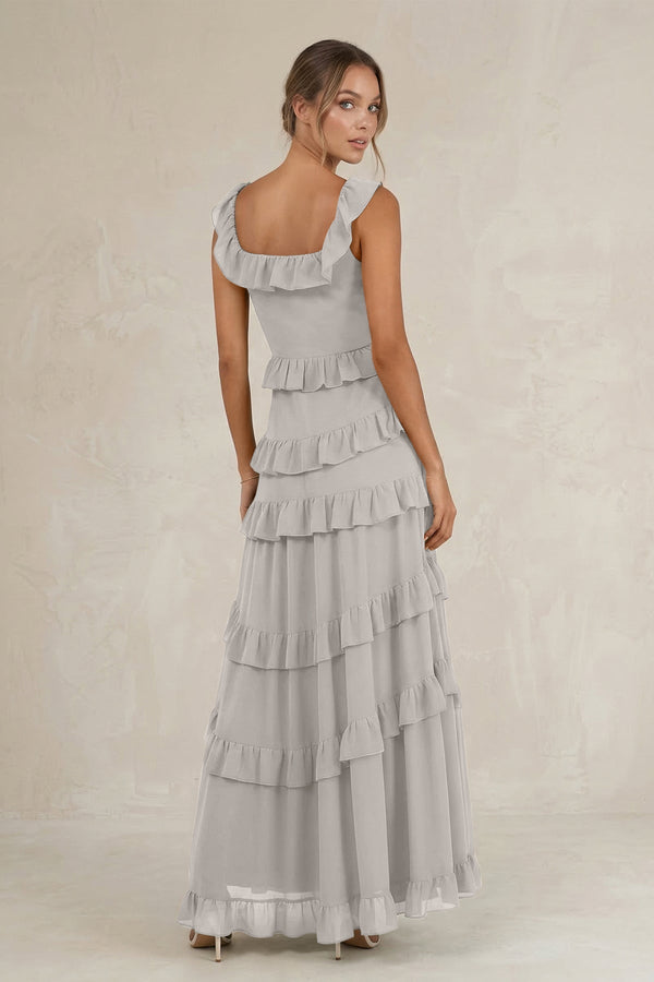 Tiered Square Neck Ruffled A - Line Bridesmaid Dress in Silver - KissProm Bridesmaid Dresses