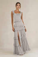 Tiered Square Neck Ruffled A - Line Bridesmaid Dress in Silver - KissProm Bridesmaid Dresses