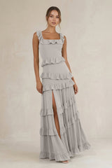 Tiered Square Neck Ruffled A - Line Bridesmaid Dress in Silver - KissProm Bridesmaid Dresses