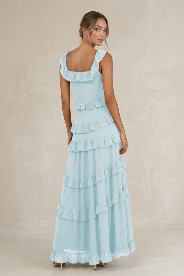 Tiered Square Neck Ruffled A - Line Bridesmaid Dress in Sky Blue - KissProm Bridesmaid Dresses