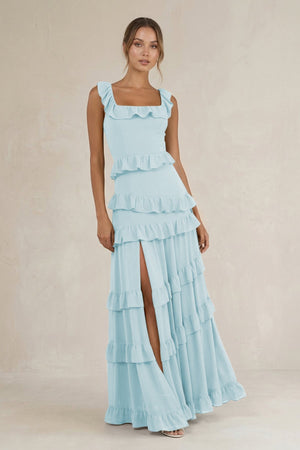 Tiered Square Neck Ruffled A - Line Bridesmaid Dress in Sky Blue - KissProm Bridesmaid Dresses