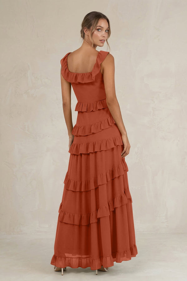 Tiered Square Neck Ruffled A - Line Bridesmaid Dress in Spice - KissProm Bridesmaid Dresses
