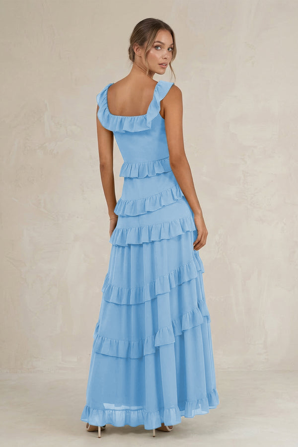 Tiered Square Neck Ruffled A - Line Bridesmaid Dress in Steel Blue - KissProm Bridesmaid Dresses
