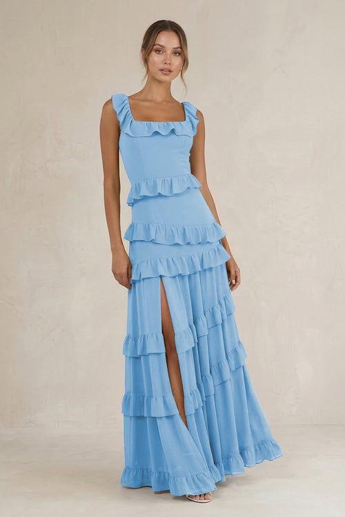 Tiered Square Neck Ruffled A - Line Bridesmaid Dress in Steel Blue - KissProm Bridesmaid Dresses