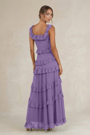 Tiered Square Neck Ruffled A - Line Bridesmaid Dress in Tahiti - KissProm Bridesmaid Dresses