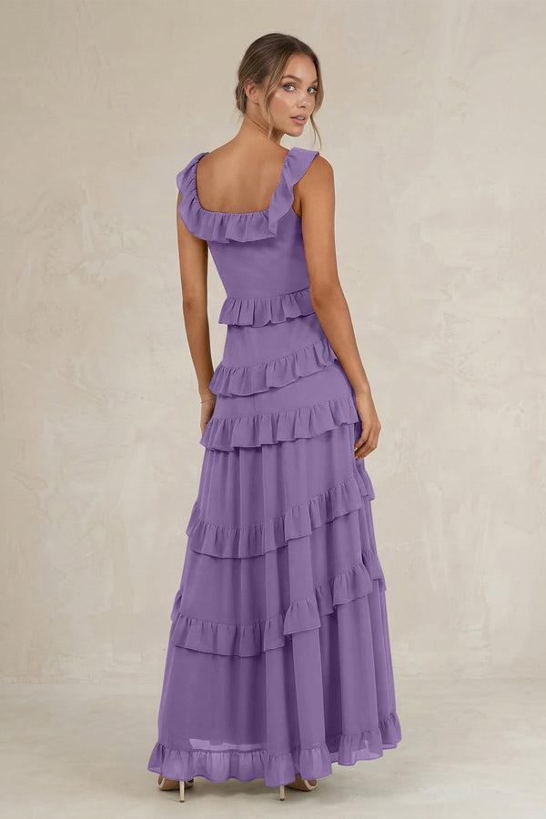 Tiered Square Neck Ruffled A - Line Bridesmaid Dress in Tahiti - KissProm Bridesmaid Dresses