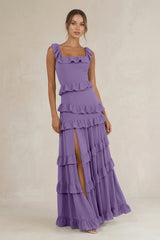 Tiered Square Neck Ruffled A - Line Bridesmaid Dress in Tahiti - KissProm Bridesmaid Dresses