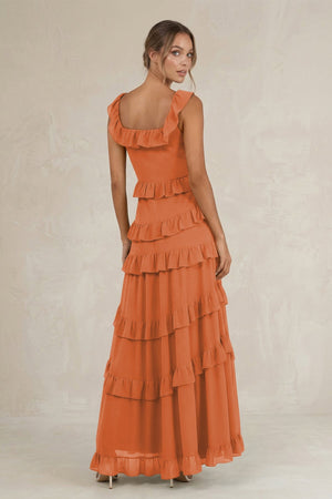 Tiered Square Neck Ruffled A - Line Bridesmaid Dress in Terracotta - KissProm Bridesmaid Dresses