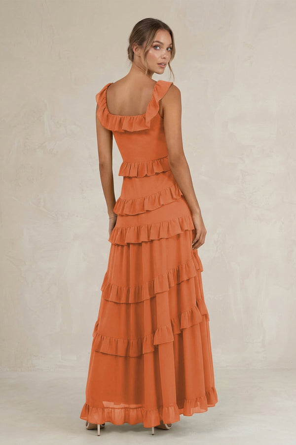 Tiered Square Neck Ruffled A - Line Bridesmaid Dress in Terracotta - KissProm Bridesmaid Dresses