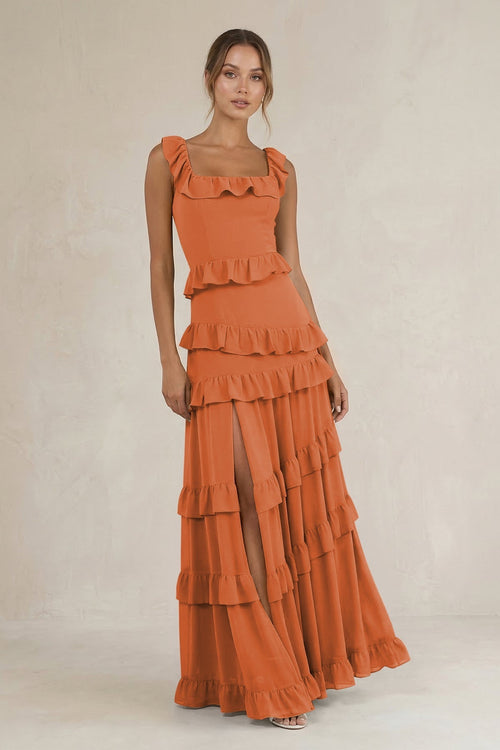 Tiered Square Neck Ruffled A - Line Bridesmaid Dress in Terracotta - KissProm Bridesmaid Dresses