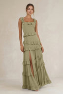 Tiered Square Neck Ruffled A - Line Bridesmaid Dress in Thyme - KissProm Bridesmaid Dresses
