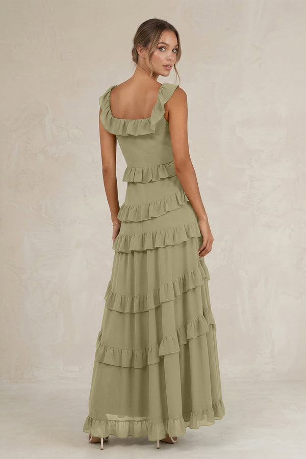 Tiered Square Neck Ruffled A - Line Bridesmaid Dress in Thyme - KissProm Bridesmaid Dresses