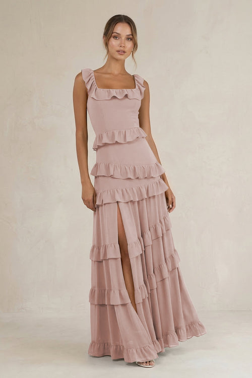 Tiered Square Neck Ruffled A - Line Bridesmaid Dress in Toffee - KissProm Bridesmaid Dresses