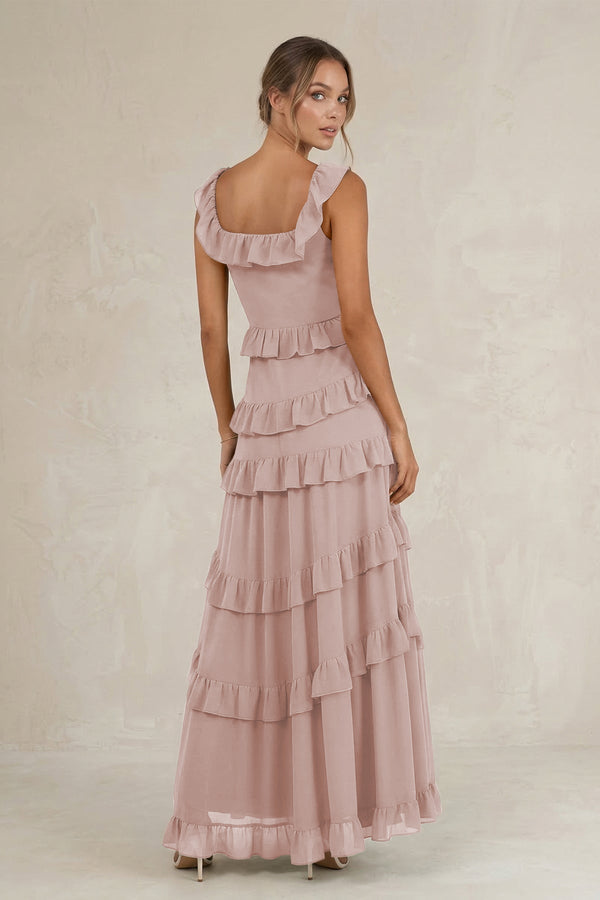 Tiered Square Neck Ruffled A - Line Bridesmaid Dress in Toffee - KissProm Bridesmaid Dresses
