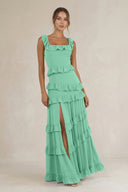 Tiered Square Neck Ruffled A - Line Bridesmaid Dress in Turquoise - KissProm Bridesmaid Dresses