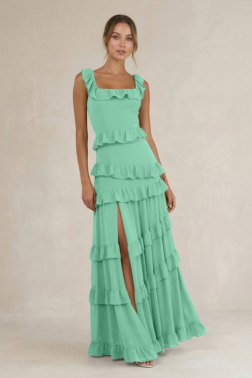 Tiered Square Neck Ruffled A - Line Bridesmaid Dress in Turquoise - KissProm Bridesmaid Dresses